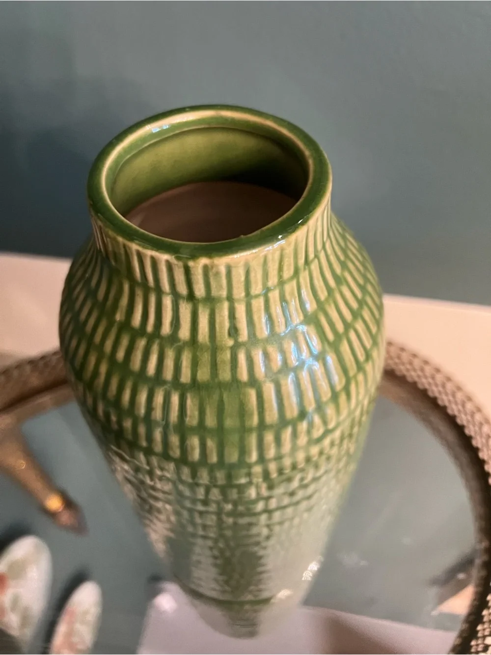 Crate and Barrel Green Textured Ceramic Vase